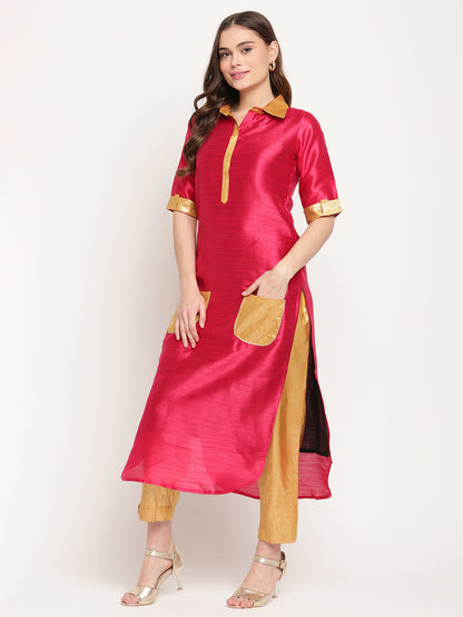 Women's Dark Pink Poly Silk Kurta Trouser Se