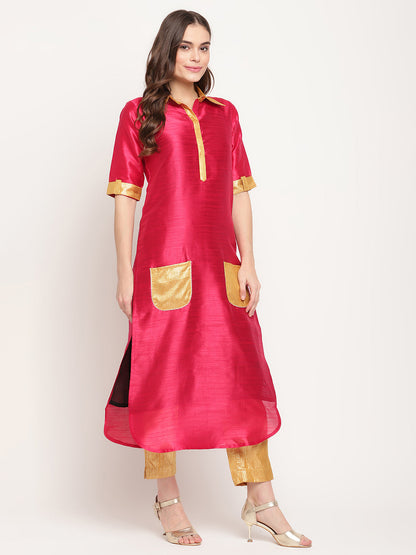 Women's Dark Pink Poly Silk Kurta Trouser Se