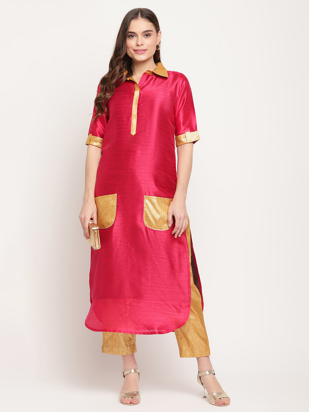 Women's Dark Pink Poly Silk Kurta Trouser Se