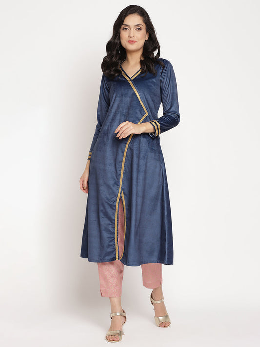 Women's Navy Solid Velvet Angrakha Kurta With Gold Printed Pan