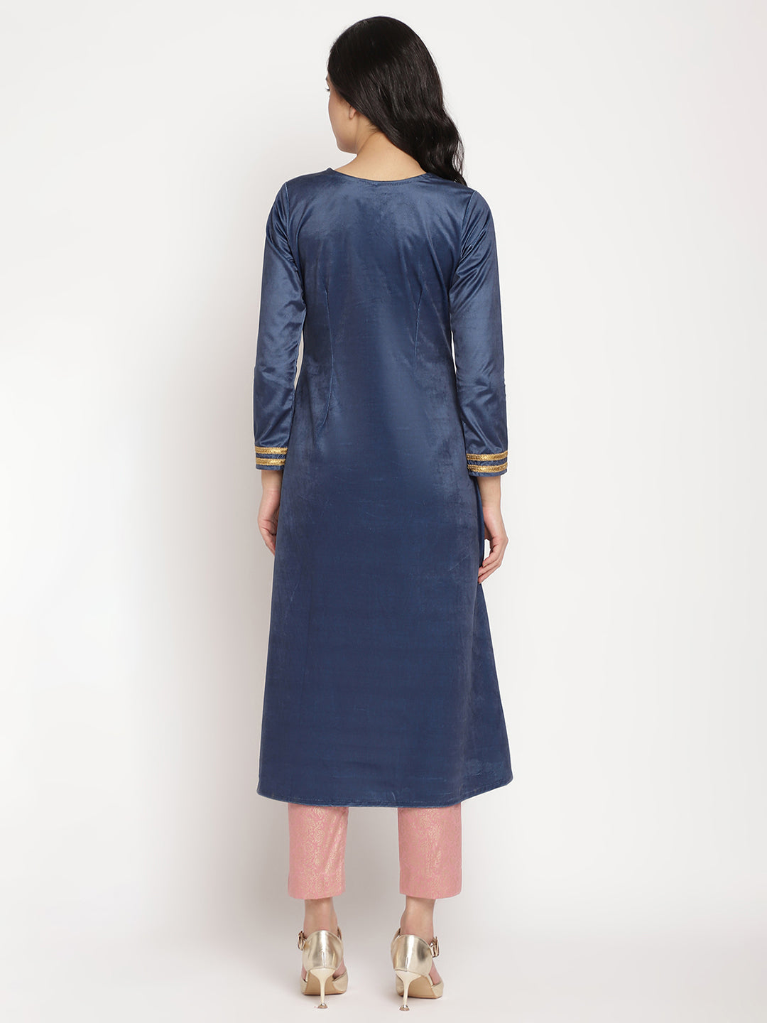 Women's Navy Solid Velvet Angrakha Kurta With Gold Printed Pan