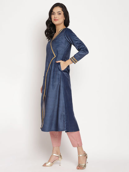 Women's Navy Solid Velvet Angrakha Kurta With Gold Printed Pan