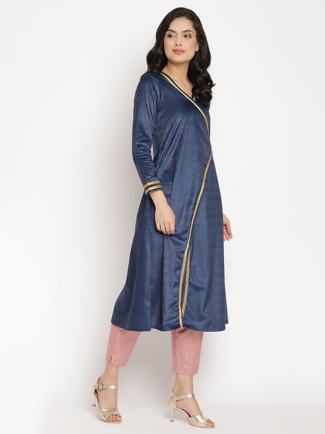 Women's Navy Solid Velvet Angrakha Kurta With Gold Printed Pan