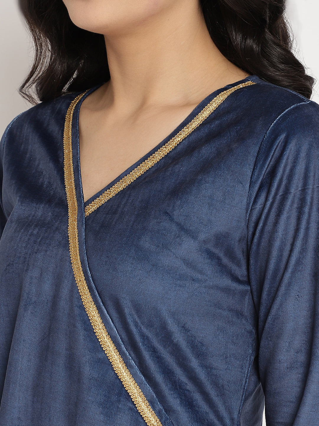 Women's Navy Solid Velvet Angrakha Kurta With Gold Printed Pan