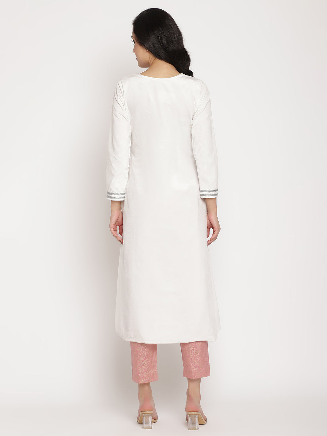 Women's White Solid Velvet Angrakha Kurta With Gold Printed Pan