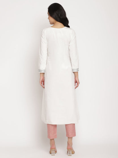Women's White Solid Velvet Angrakha Kurta With Gold Printed Pan