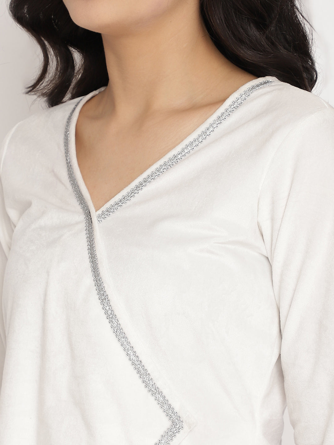 Women's White Solid Velvet Angrakha Kurta With Gold Printed Pan
