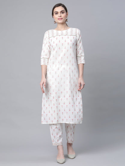 Women's White Cotton Printed Kurta Pant Set