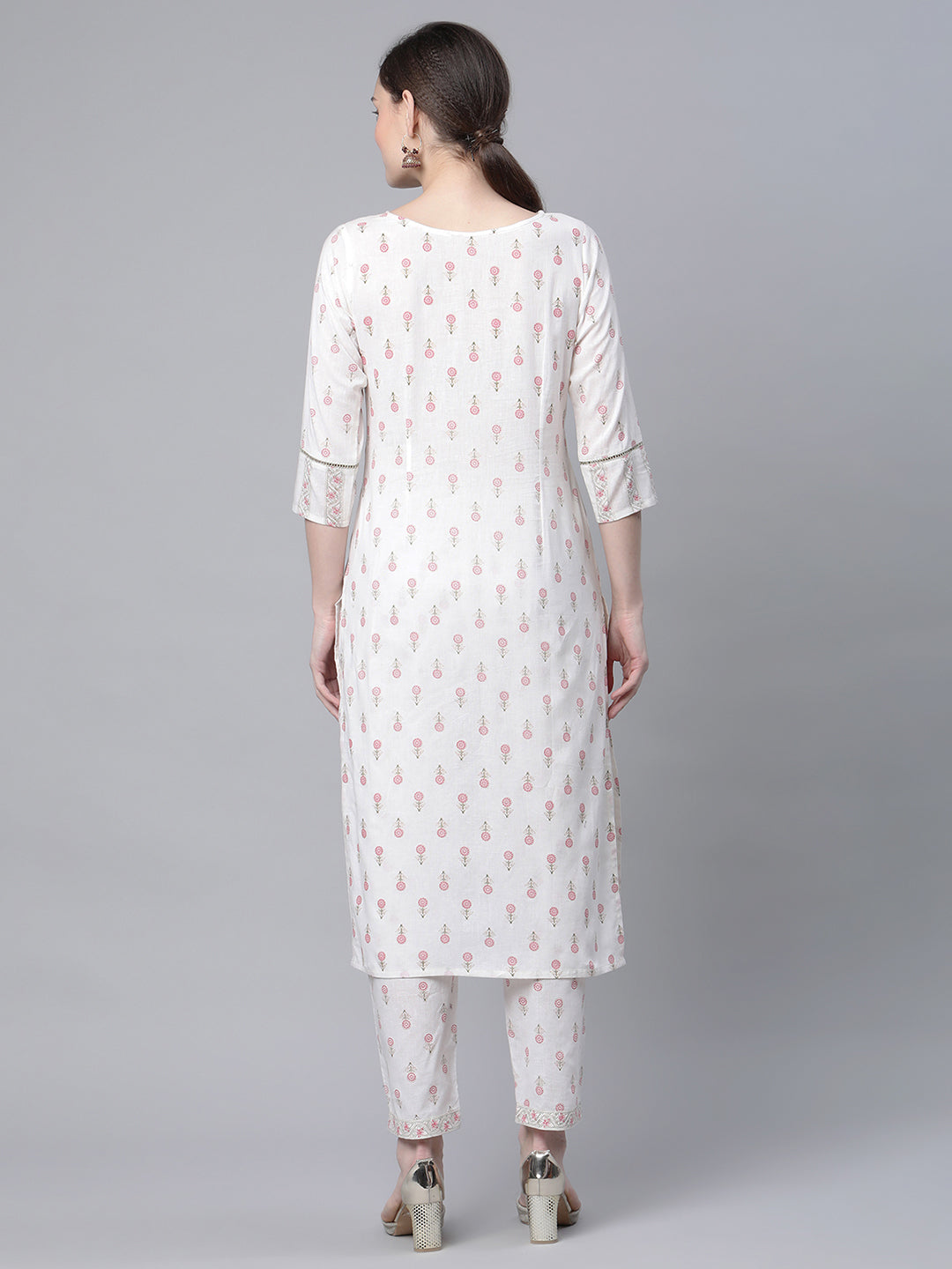 Women's White Cotton Printed Kurta Pant Set