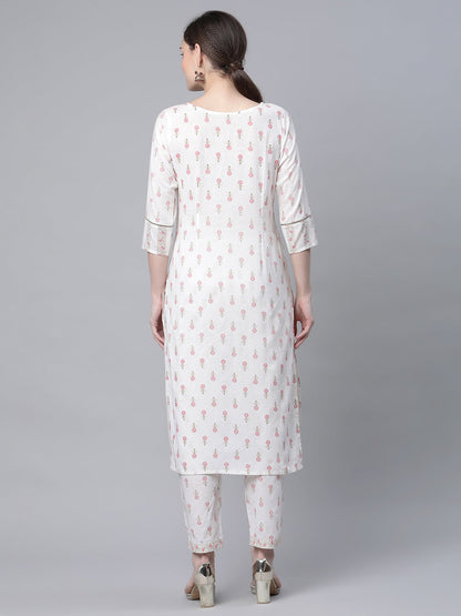 Women's White Cotton Printed Kurta Pant Set