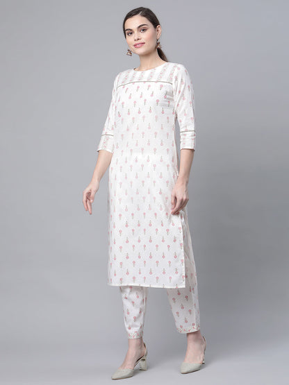 Women's White Cotton Printed Kurta Pant Set