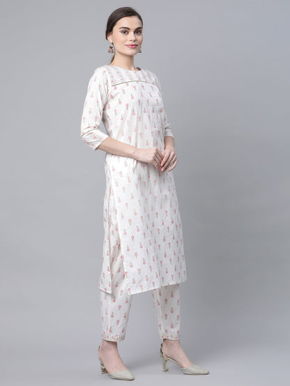 Women's White Cotton Printed Kurta Pant Set
