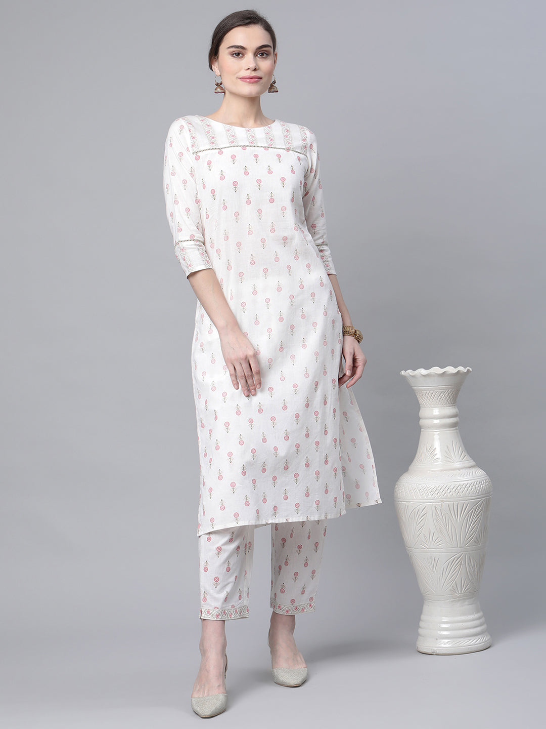 Women's White Cotton Printed Kurta Pant Set
