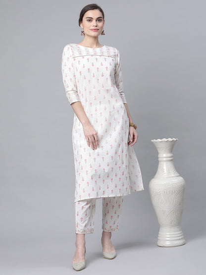 Women's White Cotton Printed Kurta Pant Set