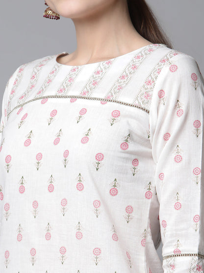 Women's White Cotton Printed Kurta Pant Set