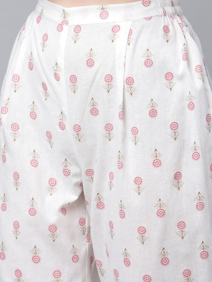 Women's White Cotton Printed Kurta Pant Set