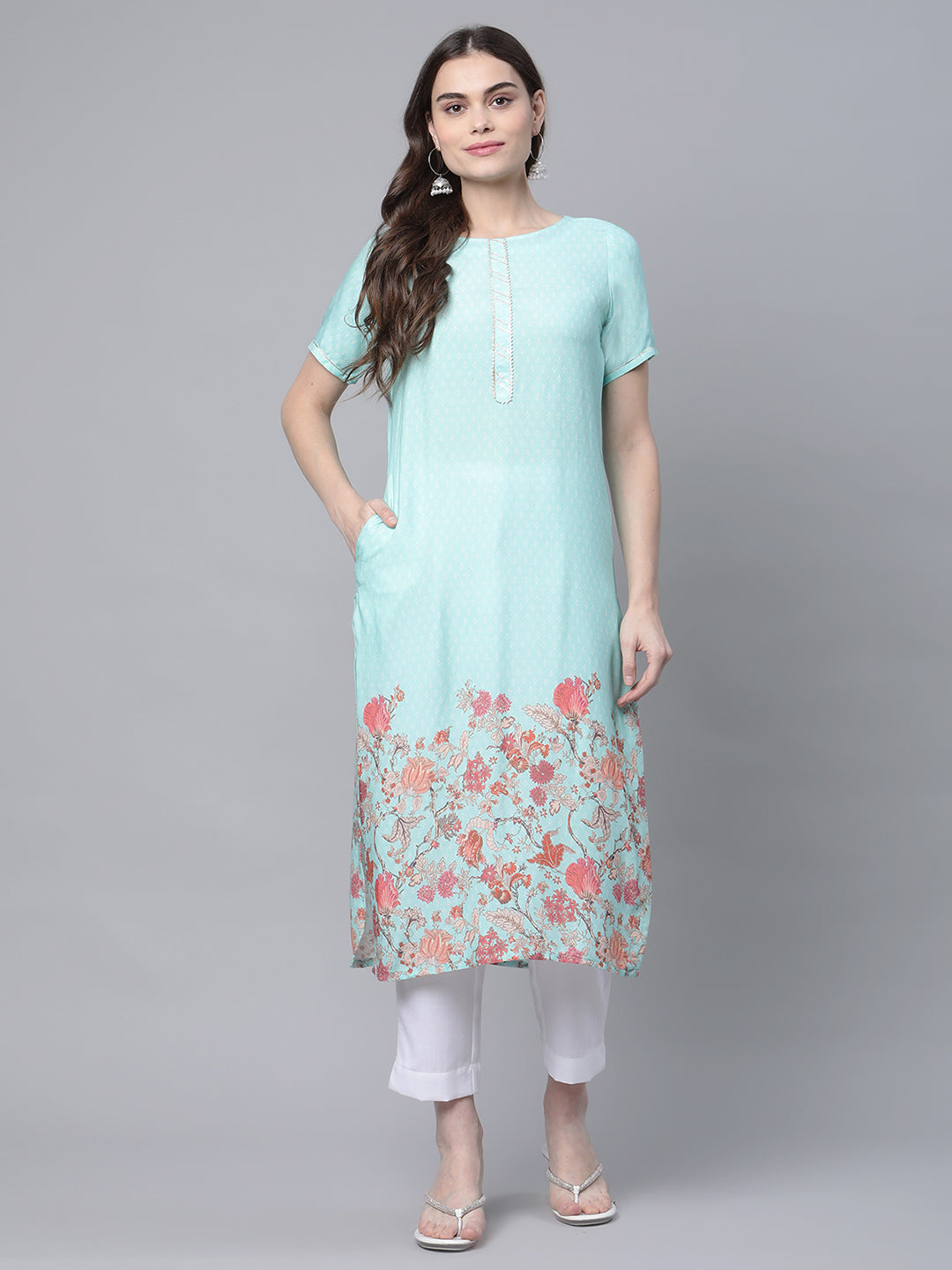 Women's Sky Blue Rayon Printed Kurta Pant Set