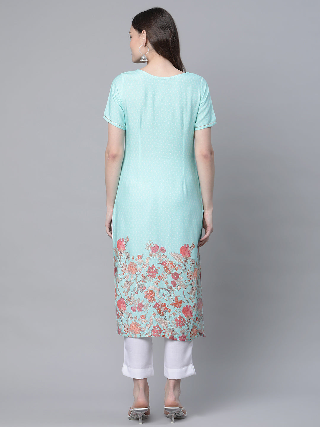 Women's Sky Blue Rayon Printed Kurta Pant Set