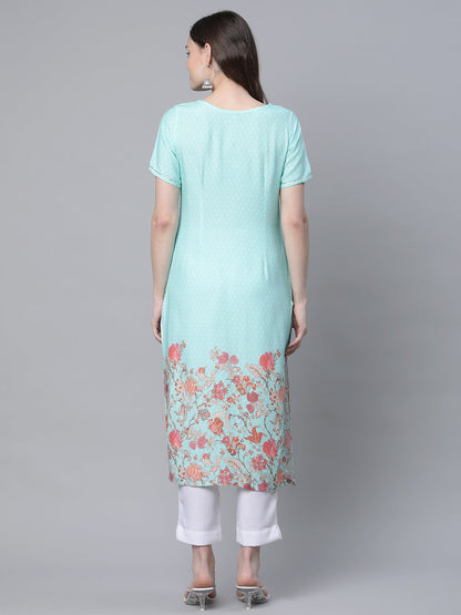 Women's Sky Blue Rayon Printed Kurta Pant Set