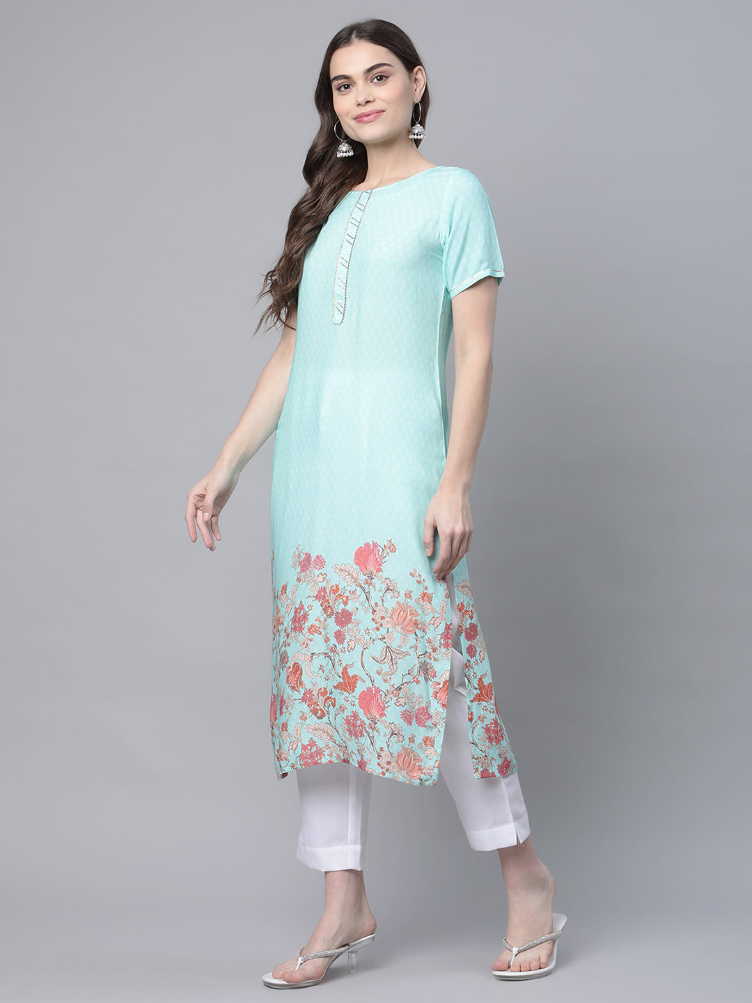 Women's Sky Blue Rayon Printed Kurta Pant Set