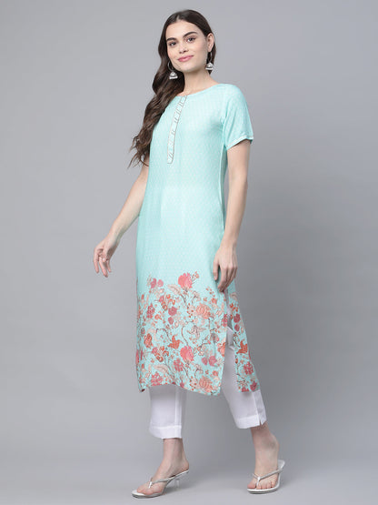 Women's Sky Blue Rayon Printed Kurta Pant Set