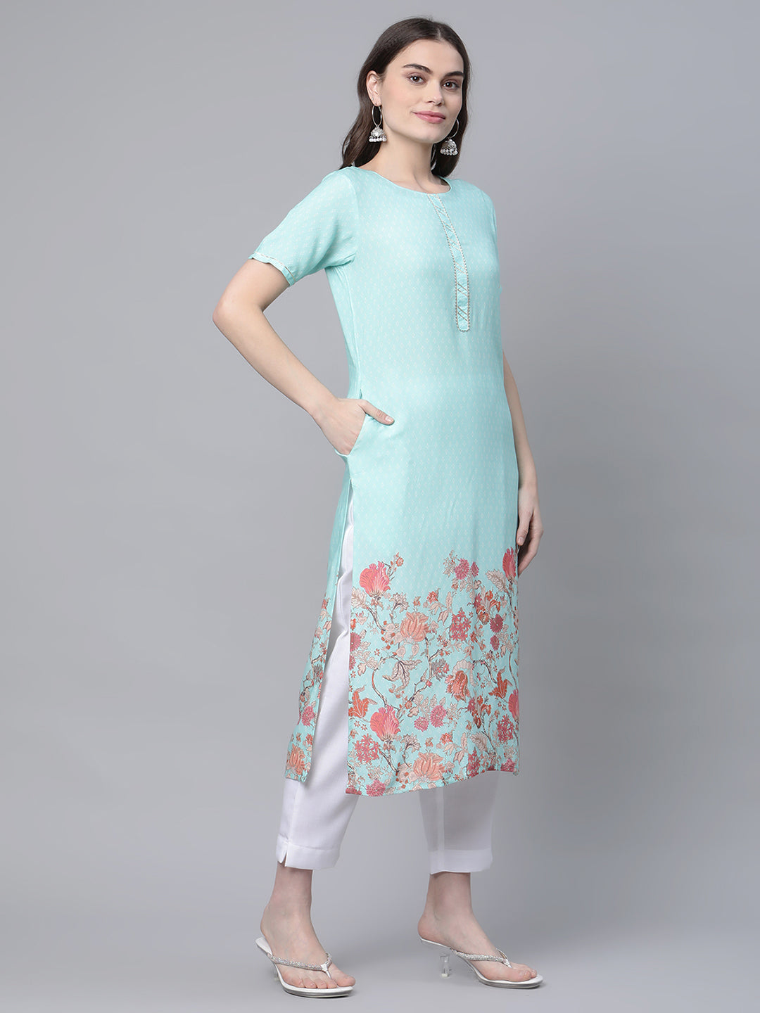 Women's Sky Blue Rayon Printed Kurta Pant Set
