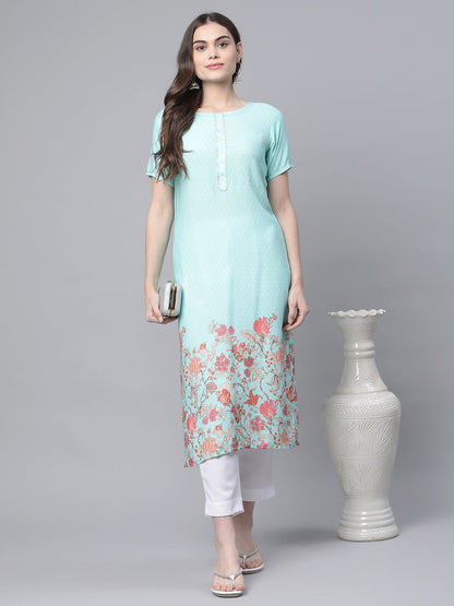 Women's Sky Blue Rayon Printed Kurta Pant Set
