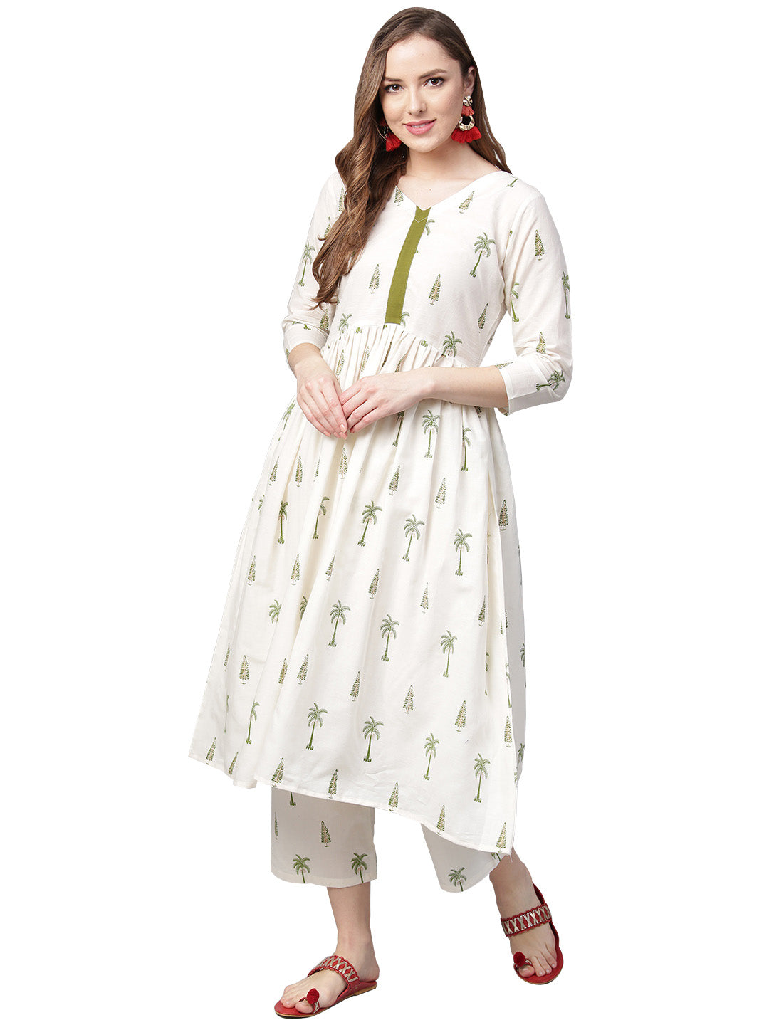 Women's Off White Cotton Blend Printed Kurta Trouser Se