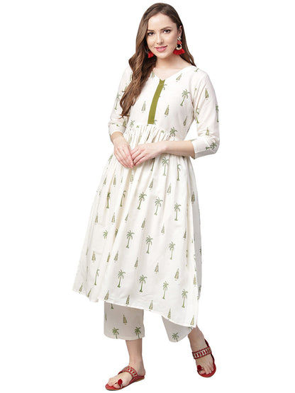 Women's Off White Cotton Blend Printed Kurta Trouser Se