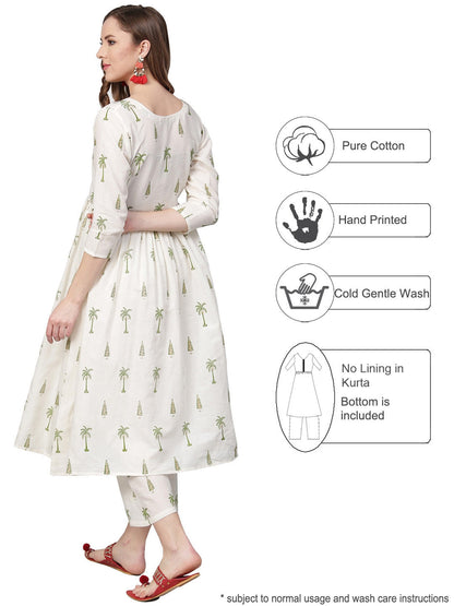 Women's Off White Cotton Blend Printed Kurta Trouser Se