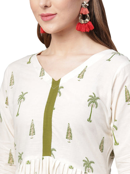 Women's Off White Cotton Blend Printed Kurta Trouser Se