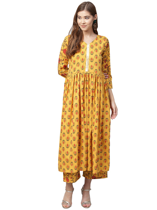 Women's Mustard Gathered Printed Kurta With Pants