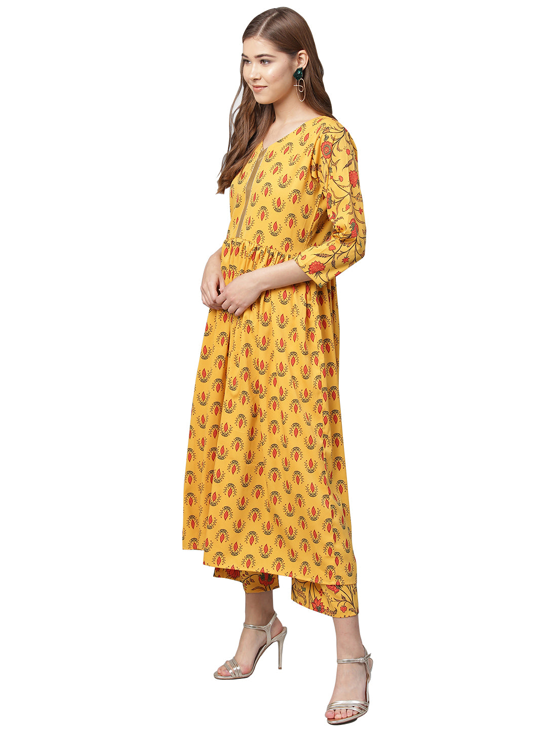 Women's Mustard Gathered Printed Kurta With Pants