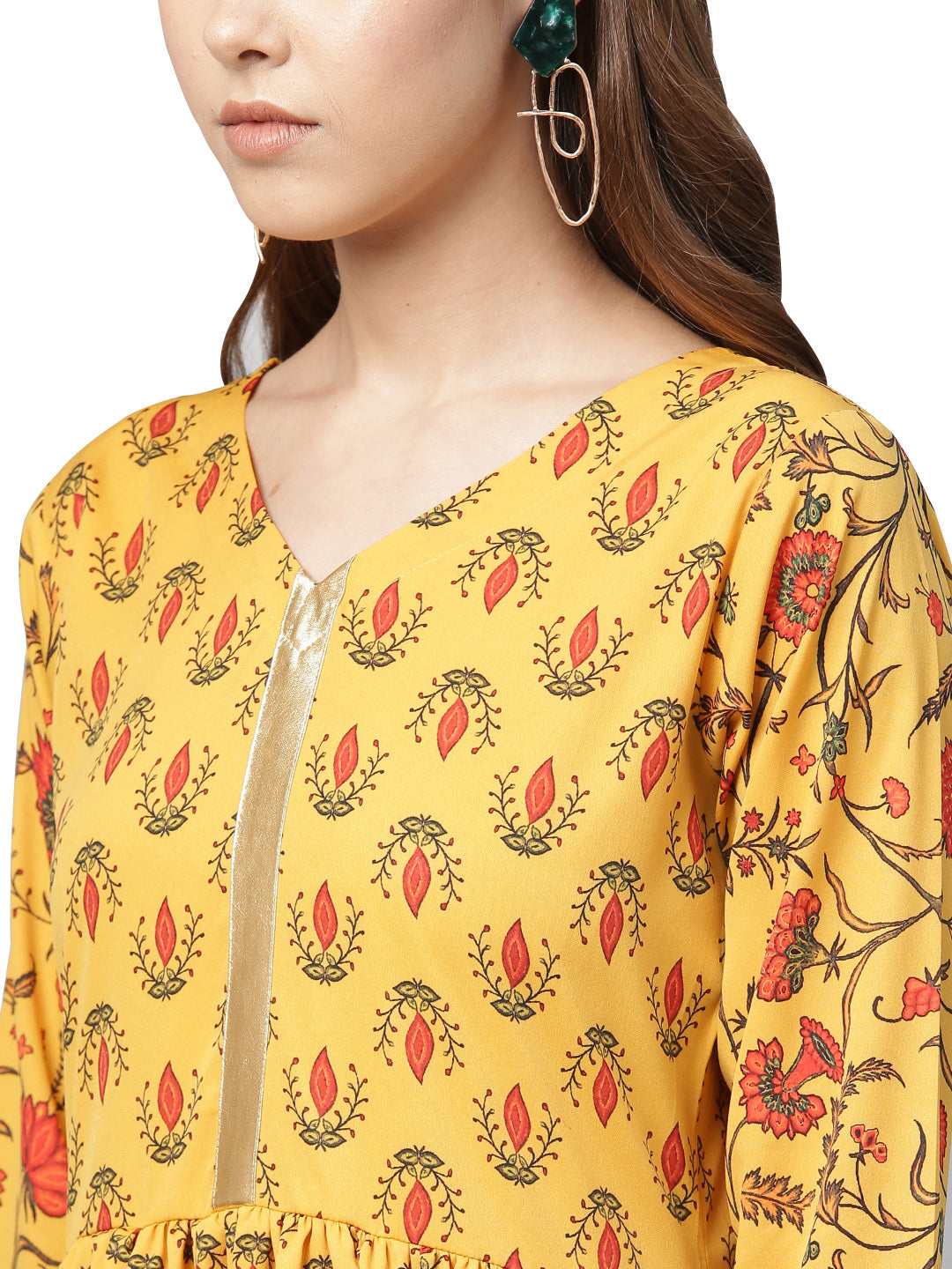 Women's Mustard Gathered Printed Kurta With Pants