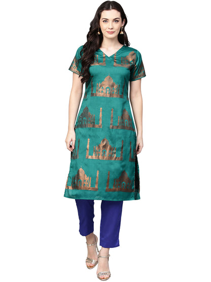 Women's Traditional Hand Printed Faux Silk Kurta Set