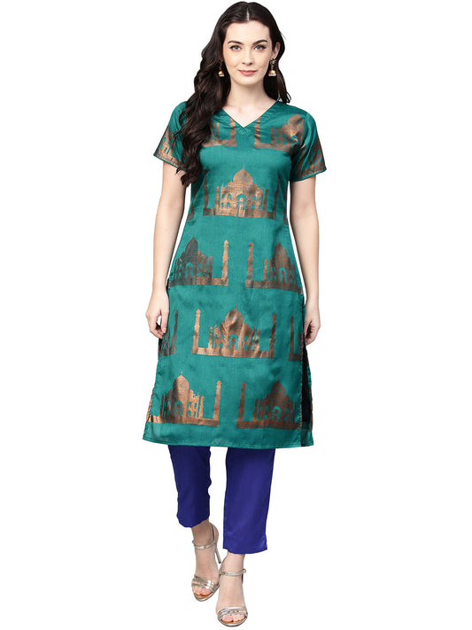 Women's Traditional Hand Printed Faux Silk Kurta Set