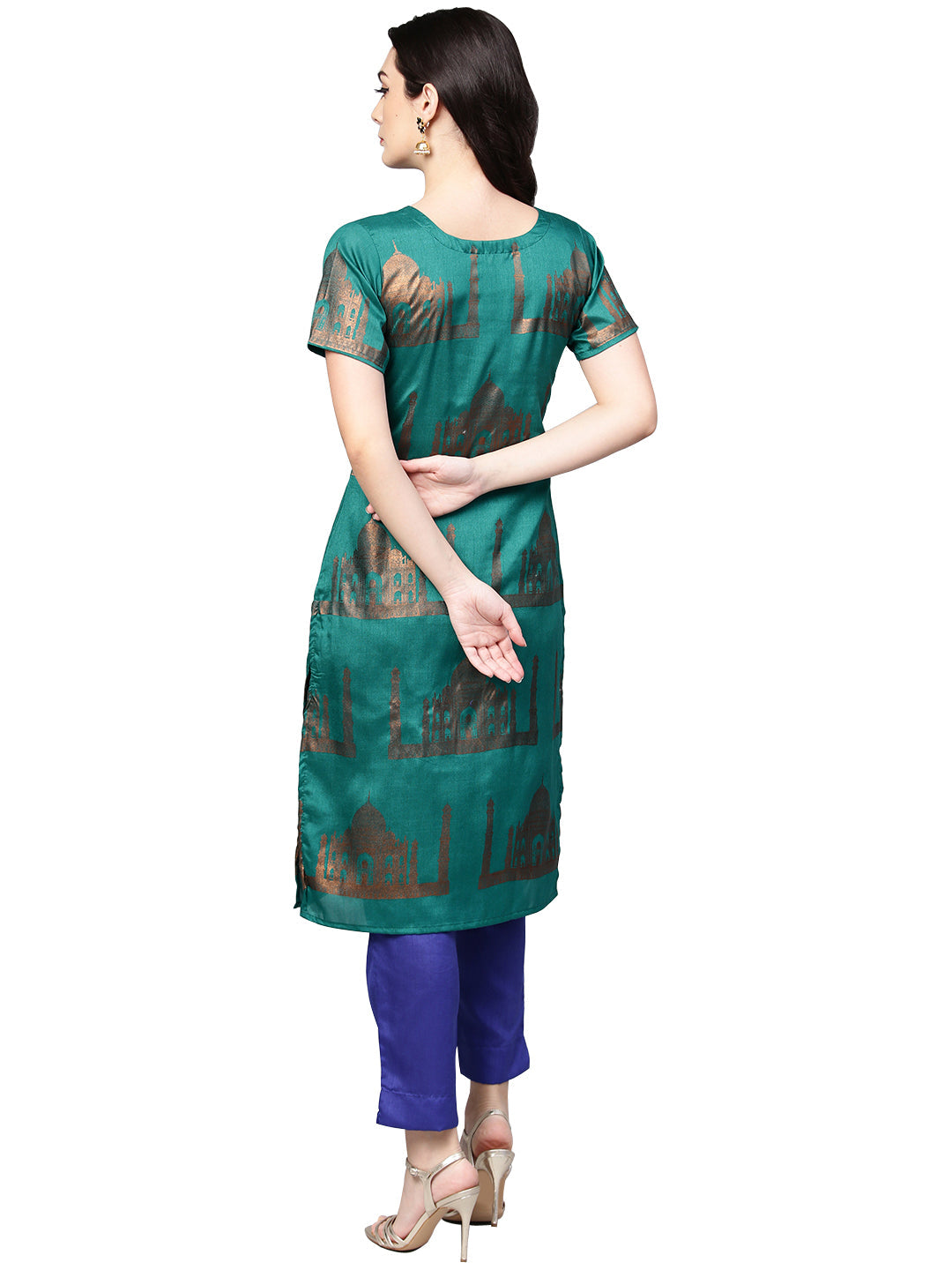 Women's Traditional Hand Printed Faux Silk Kurta Set