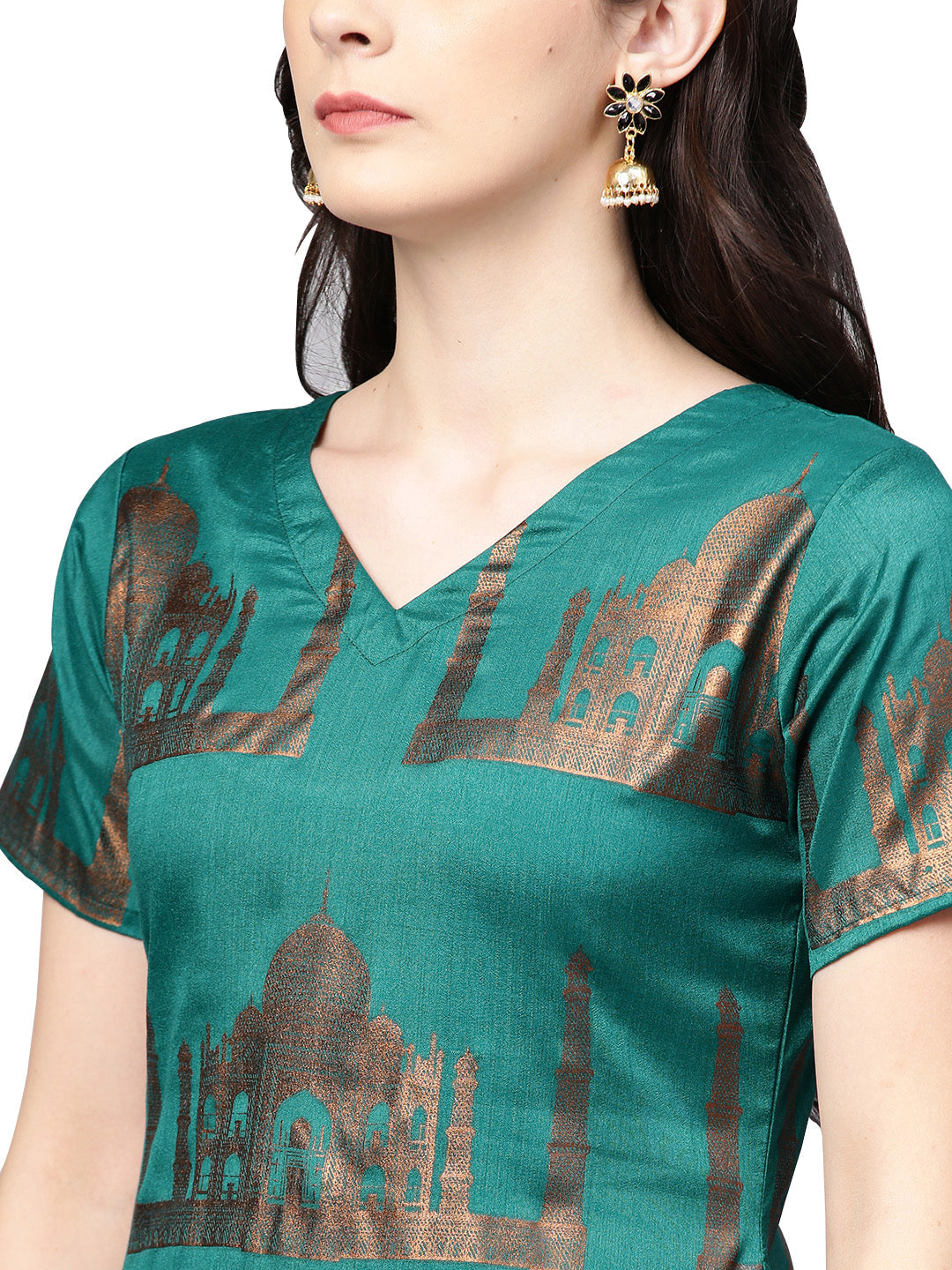 Women's Traditional Hand Printed Faux Silk Kurta Set
