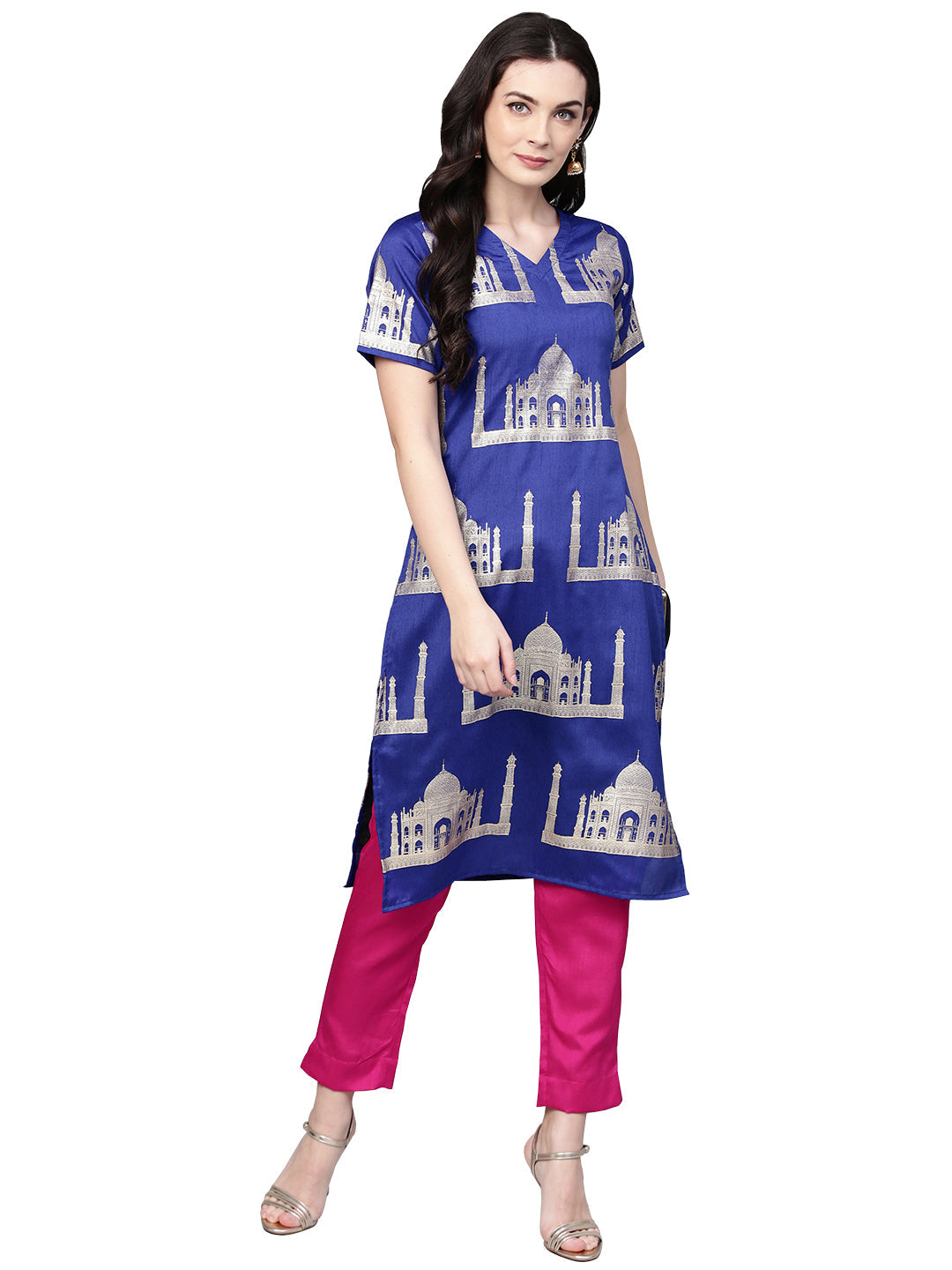 Women's Hand Printed Brocade Like Faux Silk Kurta Set