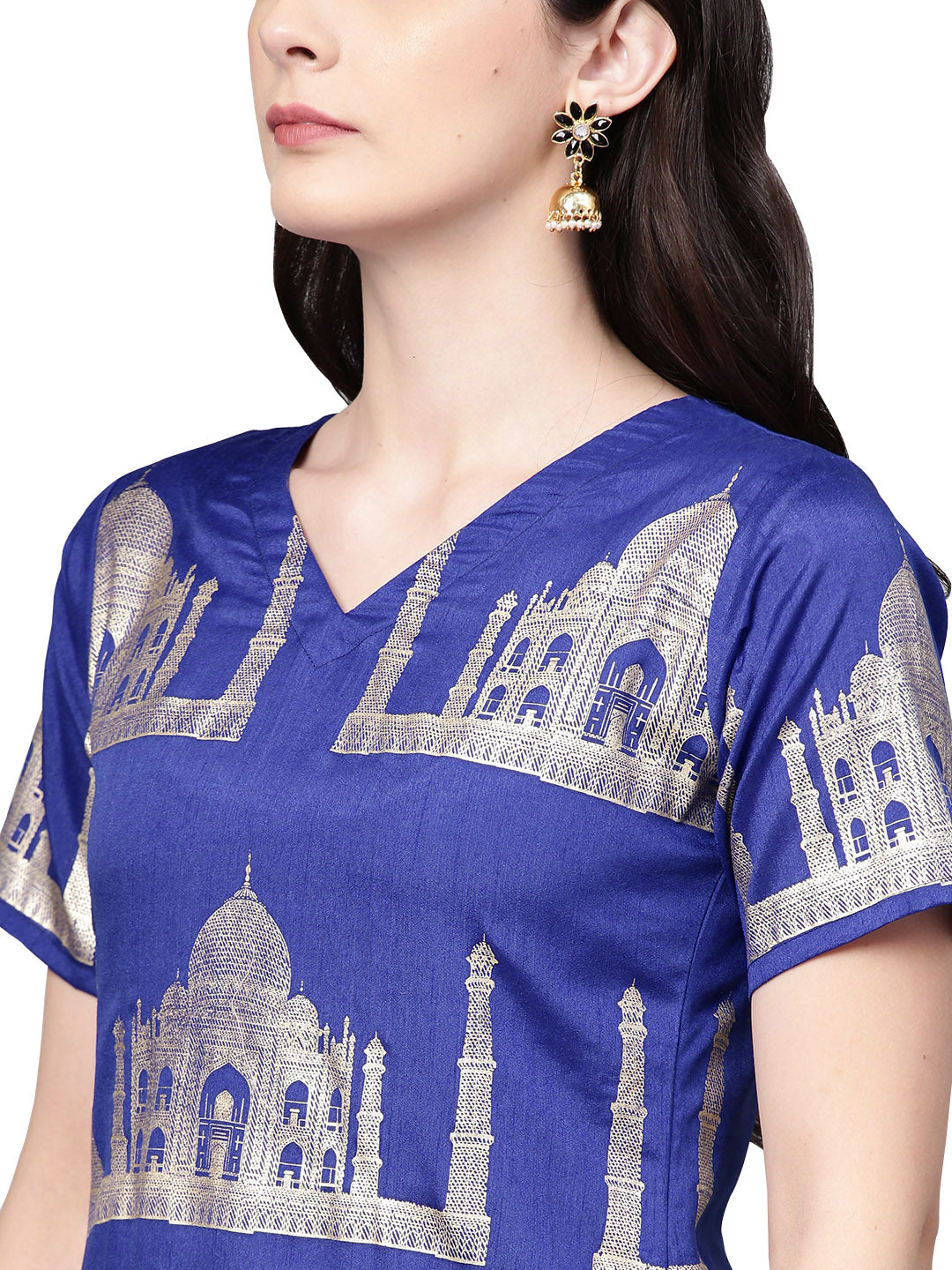 Women's Hand Printed Brocade Like Faux Silk Kurta Set