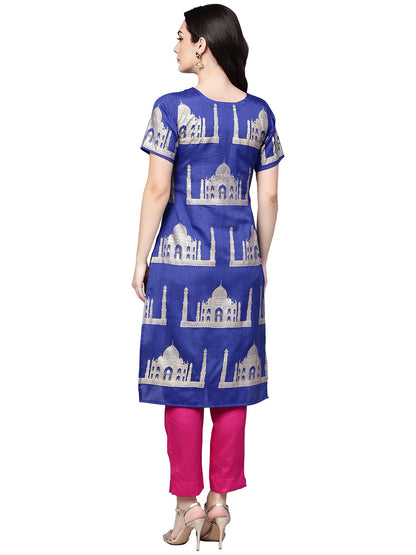 Women's Hand Printed Brocade Like Faux Silk Kurta Set