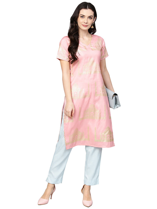 Women's Hand Printed Faux Silk Pastel Kurta Set