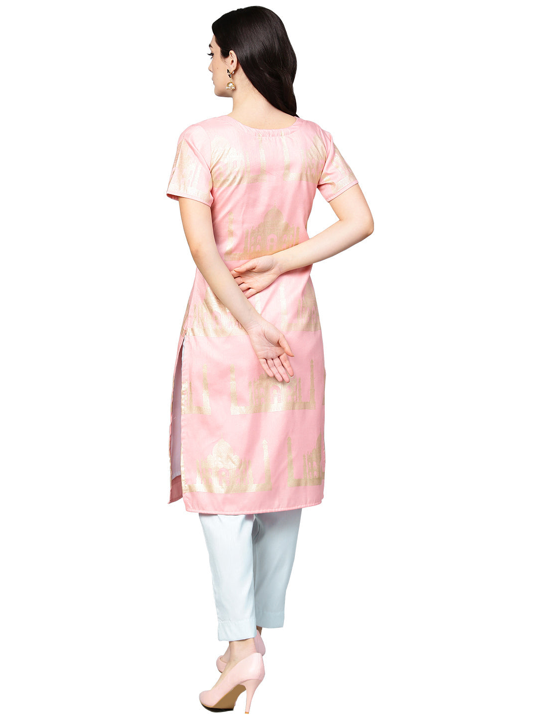 Women's Hand Printed Faux Silk Pastel Kurta Set