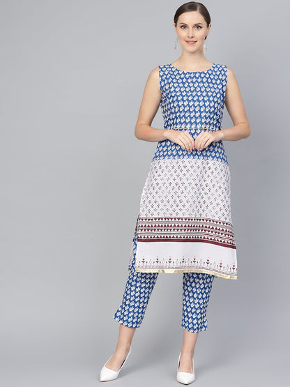 Women's Blue And White Cotton Straight Printed Kurta With Pant