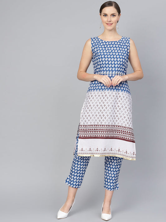 Women's Blue And White Cotton Straight Printed Kurta With Pant
