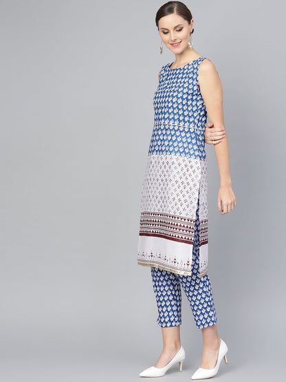Women's Blue And White Cotton Straight Printed Kurta With Pant