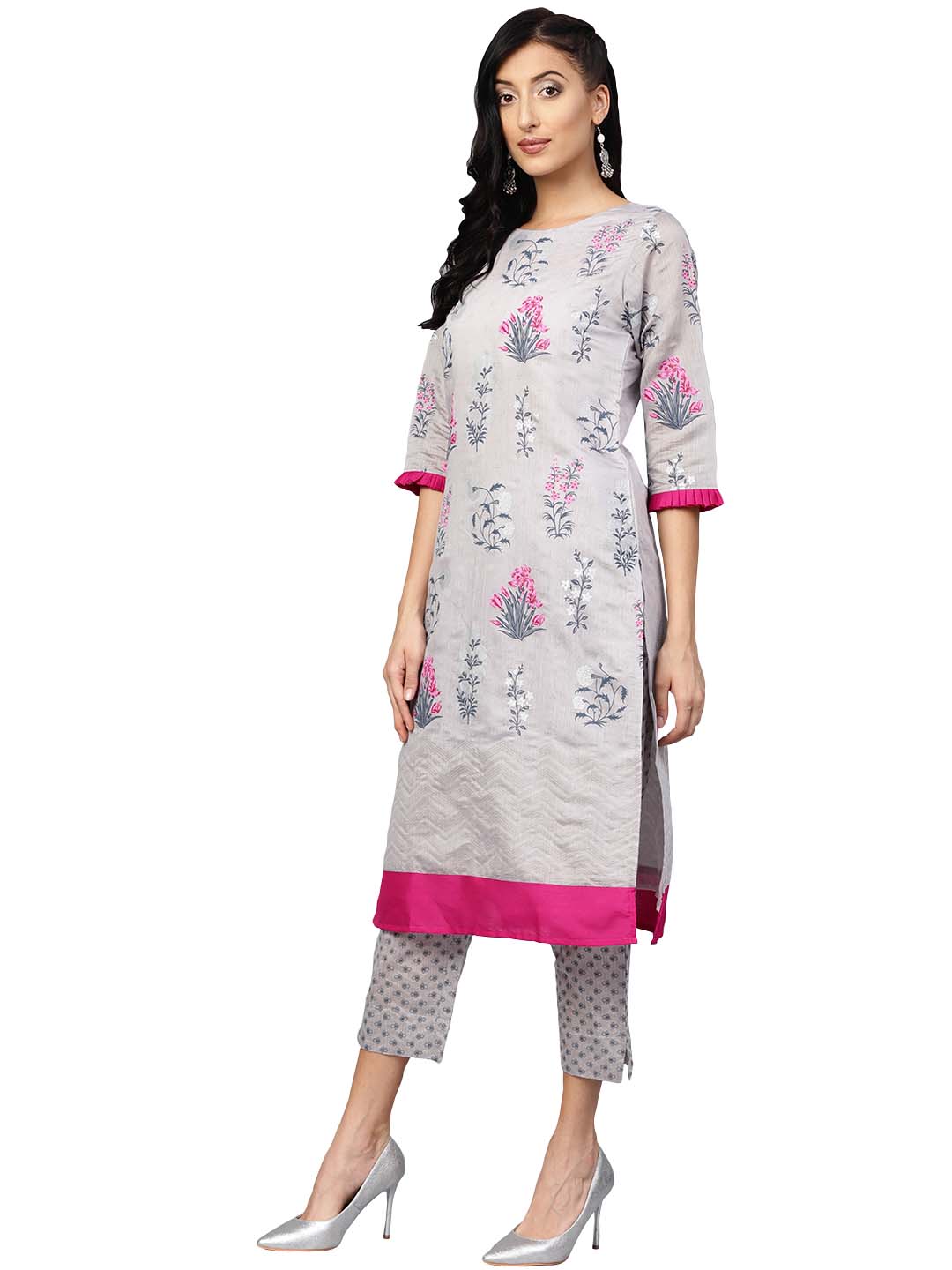 Women's Grey & Pink Printed Straight Kurta With Pant