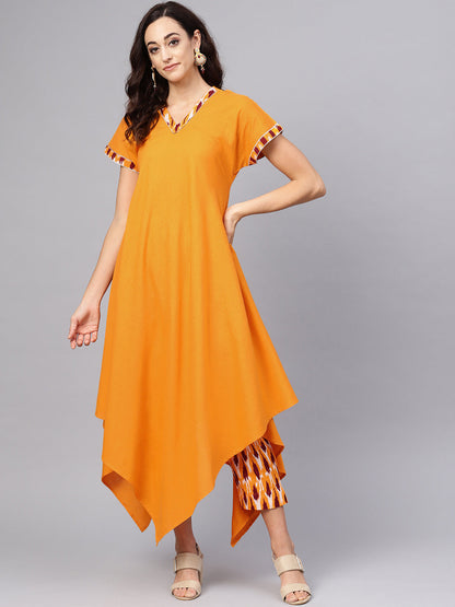 Women's Mustard Solid Kimono Style Cotton Kurta Set