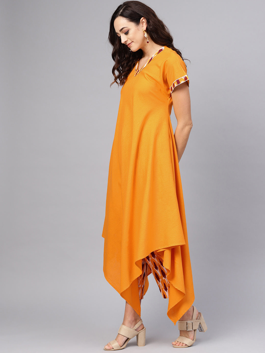 Women's Mustard Solid Kimono Style Cotton Kurta Set