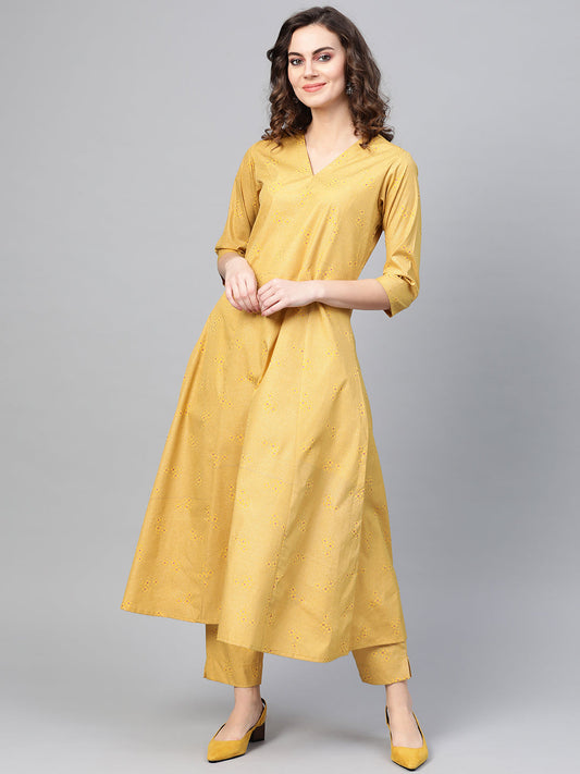 Women's Mustard Crepe Printed Kurta With Pan